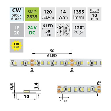 ML-126.368.60.0 LED pásek SMD2835 CW, 120LED/m, 14W/m, 1355lm/m, IP20, DC 24V, 10mm, 5m 6