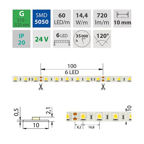 ML-126.598.60.0 LED pásek SMD5050 G, 60LED/m, 14,4W/m, DC 24V, 720lm/m, IP20, 10mm, 5m 6