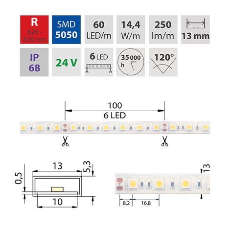 ML-126.609.60.0 LED pásek SMD5050 R, 60LED/m, 14,4W/m, 250lm/m, IP68, DC 24V, 13mm, 5m 10