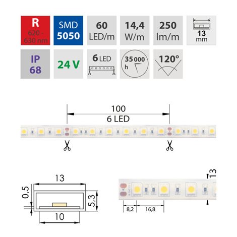 ML-126.609.60.0 LED pásek SMD5050 R, 60LED/m, 14,4W/m, 250lm/m, IP68, DC 24V, 13mm, 5m 2