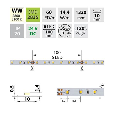 ML-126.700.60.2 LED pásek SMD2835 WW, 60LED/m, 14,4W/m, 1320lm/m, IP20, DC 24V, 10mm, 50m 4