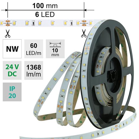 ML-126.701.60.0 LED pásek SMD2835 NW, 60LED/m, 14,4W/m, 1368lm/m, IP20, DC 24V, 10mm, 5m 1