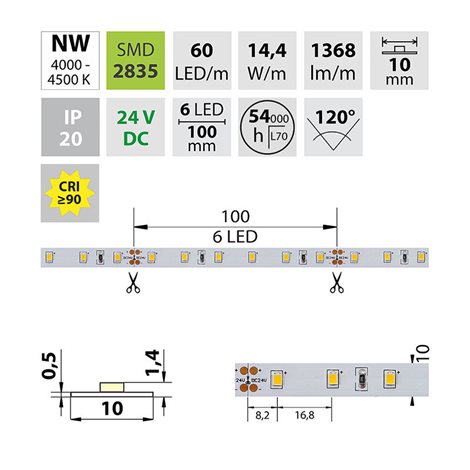 ML-126.701.60.0 LED pásek SMD2835 NW, 60LED/m, 14,4W/m, 1368lm/m, IP20, DC 24V, 10mm, 5m 4