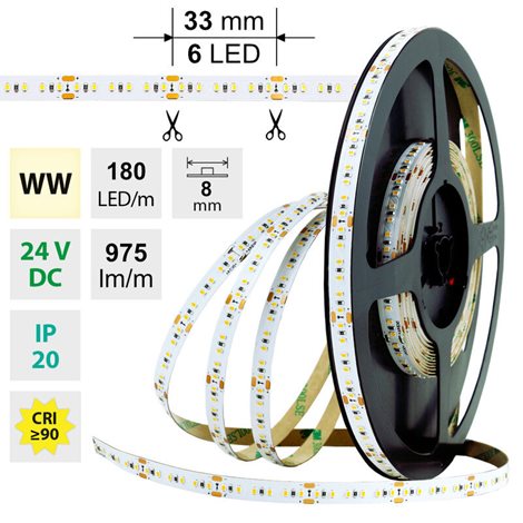 ML-126.733.60.1 LED pásek SMD2216 WW, 180LED/m, 12W/m, 975lm/m, IP20, DC 24V, 8mm, 30m 6