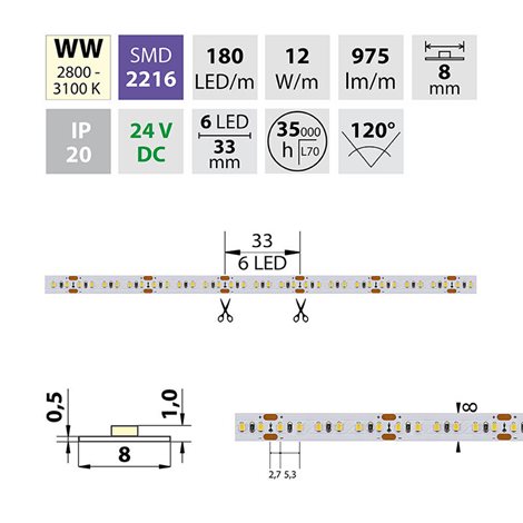 ML-126.733.60.1 LED pásek SMD2216 WW, 180LED/m, 12W/m, 975lm/m, IP20, DC 24V, 8mm, 30m 10
