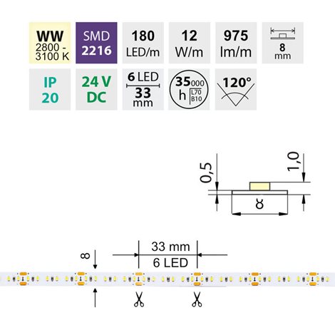 ML-126.733.60.1 LED pásek SMD2216 WW, 180LED/m, 12W/m, 975lm/m, IP20, DC 24V, 8mm, 30m 2