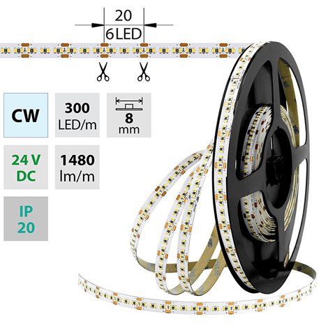 ML-126.738.60.0 LED pásek SMD2216 CW, 300LED/m, 18W/m, DC 24V, 1480lm/m, CRI90, IP20, 8mm, 5m 13