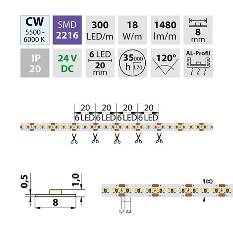 ML-126.738.60.0 LED pásek SMD2216 CW, 300LED/m, 18W/m, DC 24V, 1480lm/m, CRI90, IP20, 8mm, 5m 9