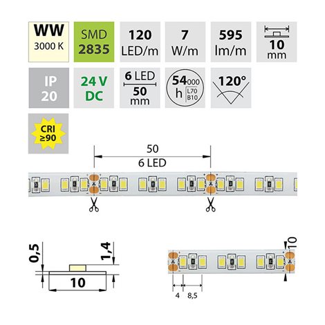ML-126.821.60.2 LED pásek SMD2835 WW, 120LED/m, 7W/m, DC 24V, 650 lm/m, CRI90, IP20, 10mm, 50m 7