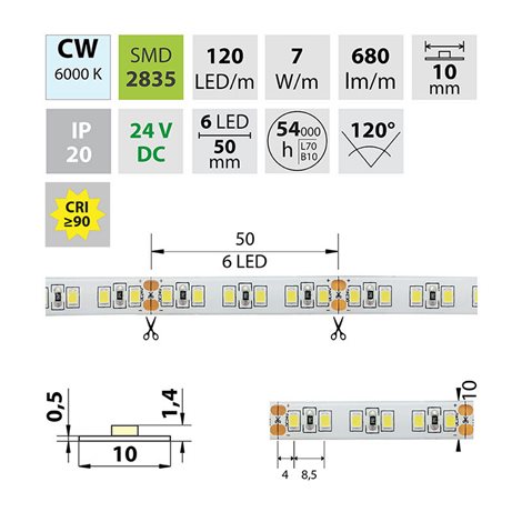 ML-126.822.60.2 LED pásek SMD2835 CW, 120LED/m, 7W/m, DC 24V, 680lm/m, CRI90, IP20, 10mm, 50m 10
