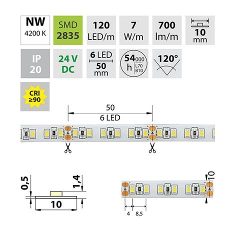 ML-126.823.60.2 LED pásek SMD2835 NW, 120LED/m, 7W/m, DC 24V, 700lm/m, CRI90, IP20, 10mm, 50m 8