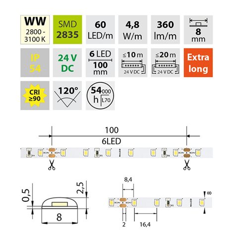 ML-126.845.60.0 LED pásek SMD2835 WW, 60LED/m, 4,8W/m, DC 24V, 360lm/m, CRI90, IP54, 8mm, 5m 4