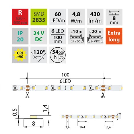 ML-126.905.60.0 LED pásek SMD2835 R, 60LED/m, 4,8W/m, DC 24V, 120lm/m, IP20, 8mm, 5m 6