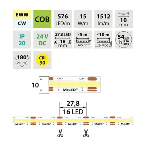 ML-127.633.83.0 LED pásek COB dual white EWW-CW, 576LED/m, 15W/m, 1512lm/m, CRI90, IP20, DC 24V, 5m 10