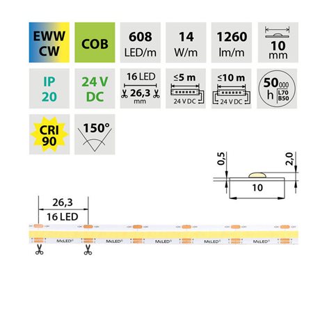 ML-127.641.90.2 LED pásek COB dual white EWW-CW, 608LED/m, 14W/m, DC 24V, 1260lm/m, CRI90, IP20 50m 3