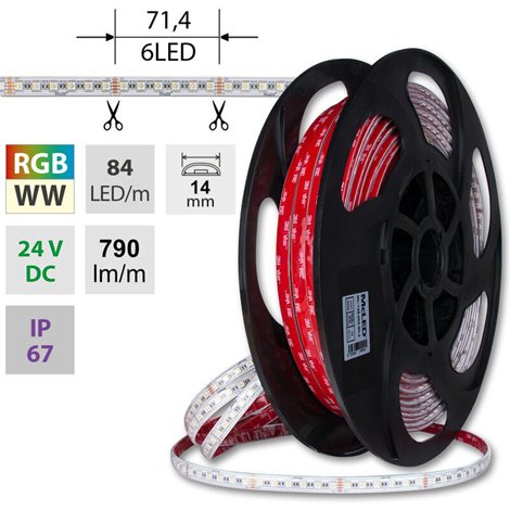 ML-128.002.90.2 LED pásek SMD5050 RGB + WW, 84LED/m, 15W/m, DC24V, 790lm/m, IP67, 14mm, 50m 1