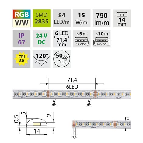 ML-128.002.90.2 LED pásek SMD5050 RGB + WW, 84LED/m, 15W/m, DC24V, 790lm/m, IP67, 14mm, 50m 2