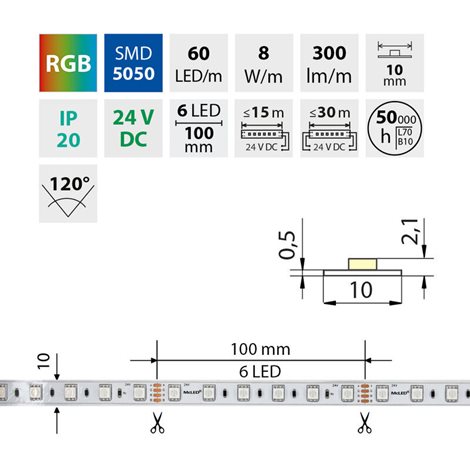 ML-128.005.90.0 LED pásek SMD5050 RGB, 60LED/m, 8W/m, DC 24V, 300lm/m, IP20, 10mm, 5m 4