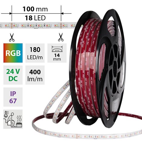 ML-128.007.90.0 LED pásek SMD2835 RGB, 180LED/m, 9,6W/m, DC 24V, 400lm/m, CRI90 IP67 100°C, 14mm, 5m 1