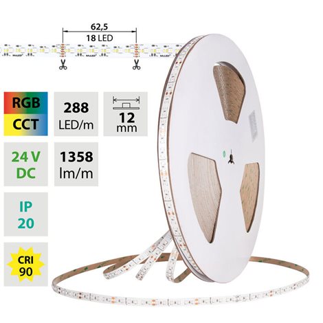 ML-128.010.90.0 LED pásek SMD3535+2216 RGB + CCT, 288LED/m, 18W/m, DC24V, 1358lm/m, IP20, 12mm, 5m 5