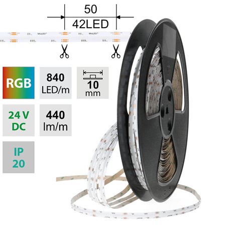 ML-128.013.90.2 LED pásek COB RGB, 840LED/m, 15W/m, DC 24V, 440lm/m, IP20, modul 50mm, 10mm, 50m 1
