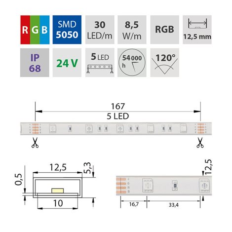 ML-128.594.60.0 LED pásek SMD5050 RGB, 30LED/m, IP68, DC 24V, 12,5mm, 5m 11