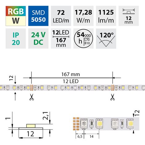 ML-128.632.60.2 LED pásek SMD5050 RGB+CW, 72LED/m, 17,2W/m, 1125lm/m, IP20, DC 24V, 12mm, 50m 4