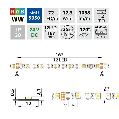ML-128.633.60.2 LED pásek SMD5050 RGB+WW, 72LED/m, 17,2W/m, 1058lm/m, IP20, DC 24V, 12mm, 50m 7