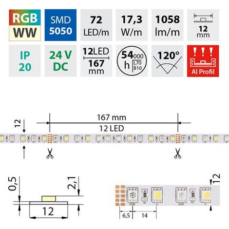 ML-128.633.60.2 LED pásek SMD5050 RGB+WW, 72LED/m, 17,2W/m, 1058lm/m, IP20, DC 24V, 12mm, 50m 9