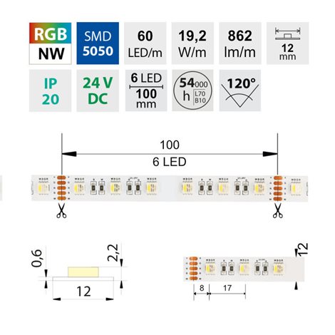 ML-128.636.60.0 LED pásek SMD5050 RGB + NW, 60LED/m, 19,2W/m, 862lm/m, IP20, DC24V, 12mm, 5m 4
