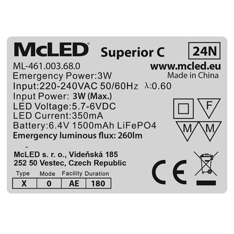 ML-461.003.68.0 Přisazené nouzové svítidlo Superior C,3W,1,5Ah,3h doba zálohy, corridor, 6000K, bílá 15