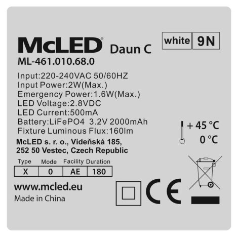 ML-461.010.68.0 Zapuštěné nouzové svítidlo Daun C, 2W, 2Ah, 3h doba zálohy, corridor, 6000K 3