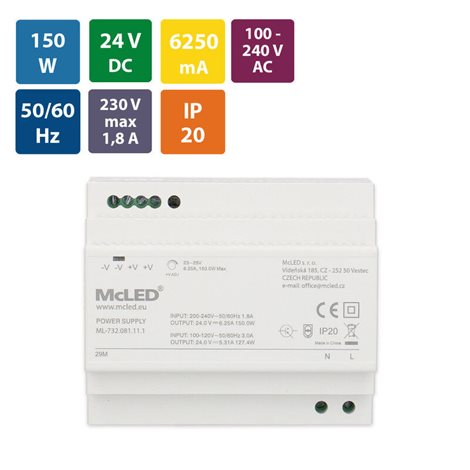 ML-732.081.11.1 Napájecí zdroj 150W, DC24V/6,25A, IP20, na DIN lištu 1