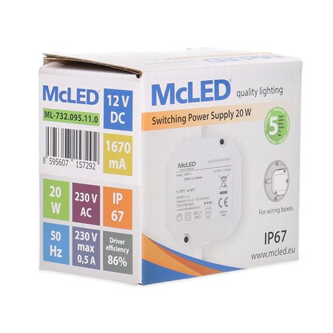 ML-732.095.11.0 Napájecí zdroj 20W, DC12V/1,67A, IP67, do elektroinstalační krabice 2