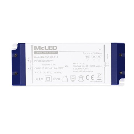 ML-732.096.11.0 Napájecí zdroj 260W, DC12V/21,6A, IP20, plastové provedení se svorkovnicí 2
