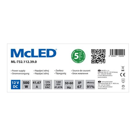 ML-732.112.39.0 Napájecí zdroj 500W, DC12V/41,67A, IP67, hliníkové provedení 3