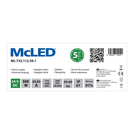 ML-732.112.39.1 Napájecí zdroj 500W, DC24V/20,83A, IP67, hliníkové provedení 3