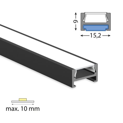 ML-761.368.07.2 Přisazený hliníkový profil černý PDA 15x9mm včetně mléčného difuzoru 2m 4