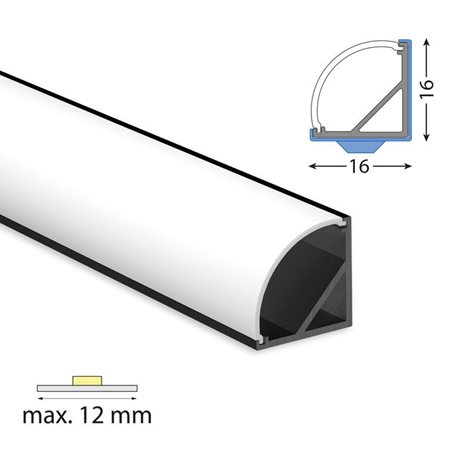 ML-761.393.43.3 Rohový hliníkový profil černý RF 16x16mm včetně mléčného difuzoru 3 m 2