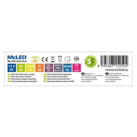 ML-941.010.75.0 Napájecí zdroj 40W, DC12V/3,35A, IP20, řízení DALI, 0/1-10V a tlačítko 5