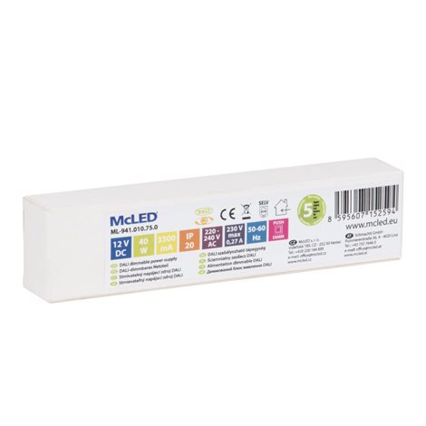 ML-941.010.75.0 Napájecí zdroj 40W, DC12V/3,35A, IP20, řízení DALI, 0/1-10V a tlačítko 3