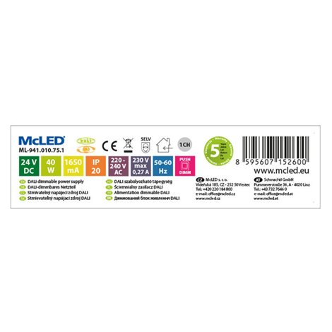 ML-941.010.75.1 Napájecí zdroj 40W, DC24V/1,65A, IP20, řízení DALI, 0/1-10V a tlačítko 6