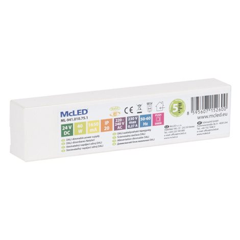 ML-941.010.75.1 Napájecí zdroj 40W, DC24V/1,65A, IP20, řízení DALI, 0/1-10V a tlačítko 3