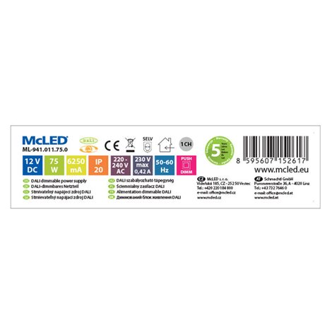 ML-941.011.75.0 Napájecí zdroj 75W, DC12V/6,25A, IP20, řízení DALI, 0/1-10V a tlačítko 2