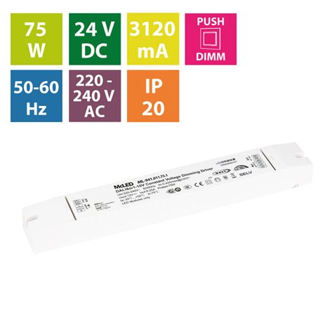 ML-941.011.75.1 Napájecí zdroj 75W, DC24V/3,12A, IP20, řízení DALI, 0/1-10V a tlačítko 3