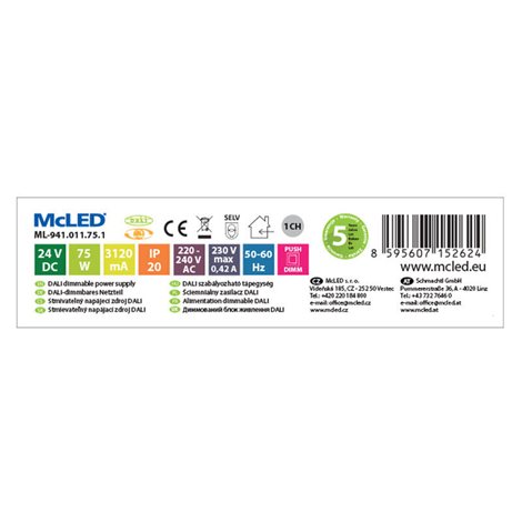 ML-941.011.75.1 Napájecí zdroj 75W, DC24V/3,12A, IP20, řízení DALI, 0/1-10V a tlačítko 6