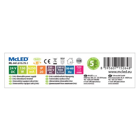ML-941.013.75.1 Napájecí zdroj 150W, DC24V/6,25A, IP20, řízení DALI, 0/1-10V a tlačítko 3