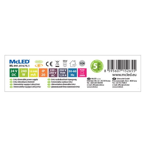 ML-941.014.75.1 Napájecí zdroj 240W, DC24V/10A, IP20, řízení DALI, 0/1-10V a tlačítko 2