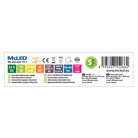 ML-941.021.75.1 Napájecí zdroj 75W, DC24V/3,13A, IP67, řízení DALI a tlačítko 4