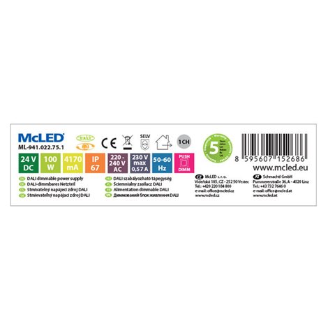 ML-941.022.75.1 Napájecí zdroj 100W, DC24V/4,17A, IP67, řízení DALI a tlačítko 3